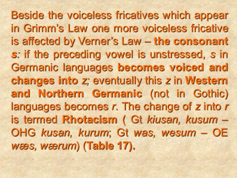Beside the voiceless fricatives which appear in Grimm’s Law one more voiceless fricative is